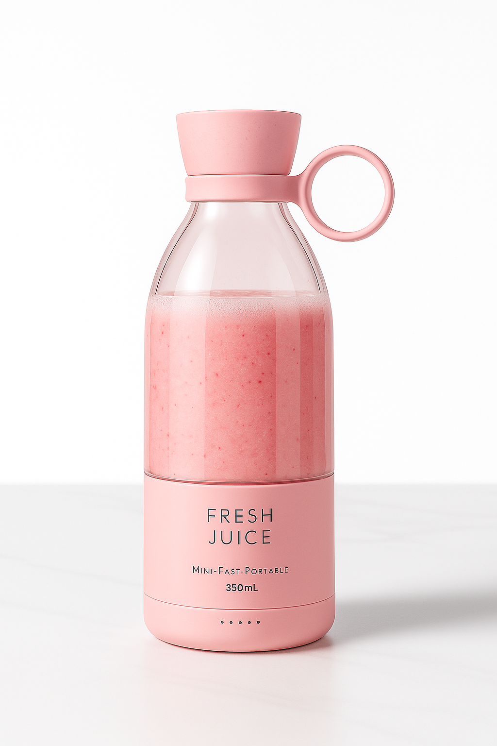 Pink juice bottle with a clear middle section on a white background