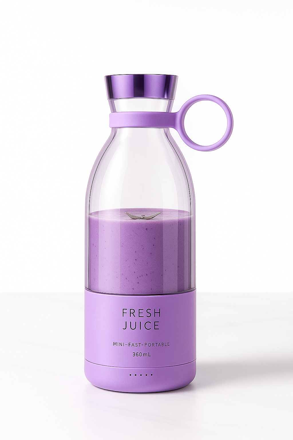Purple water bottle with a clear body on a white background