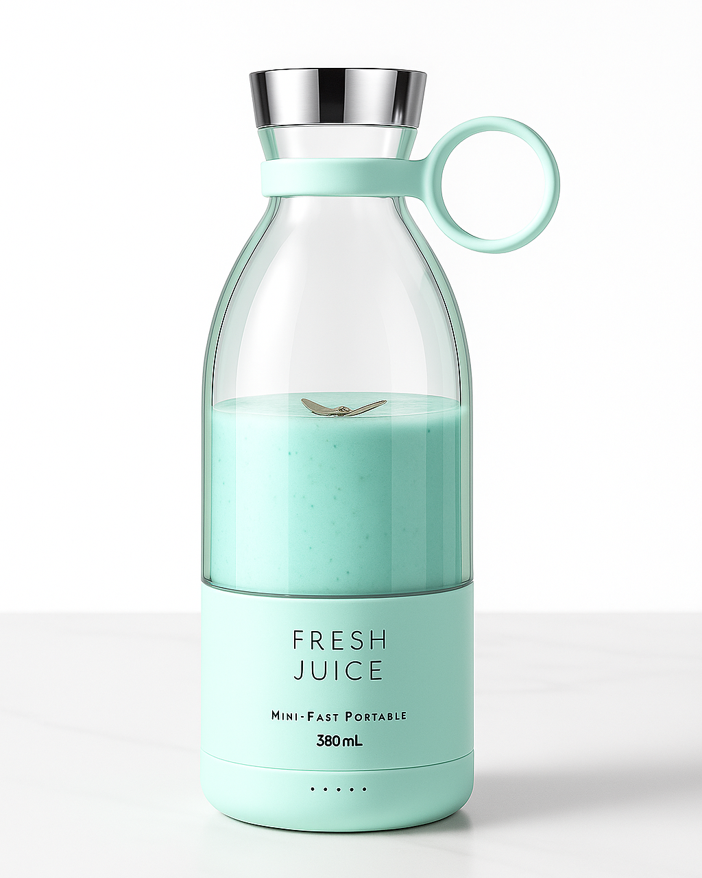 Mint green juice bottle with clear lid on a white background