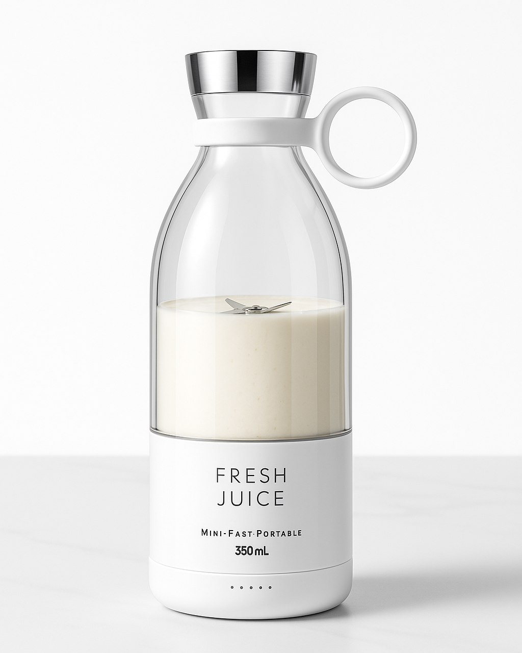 Clear glass bottle with white base and silver cap on a white background