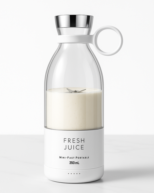 Clear glass bottle with white base and silver cap on a white background
